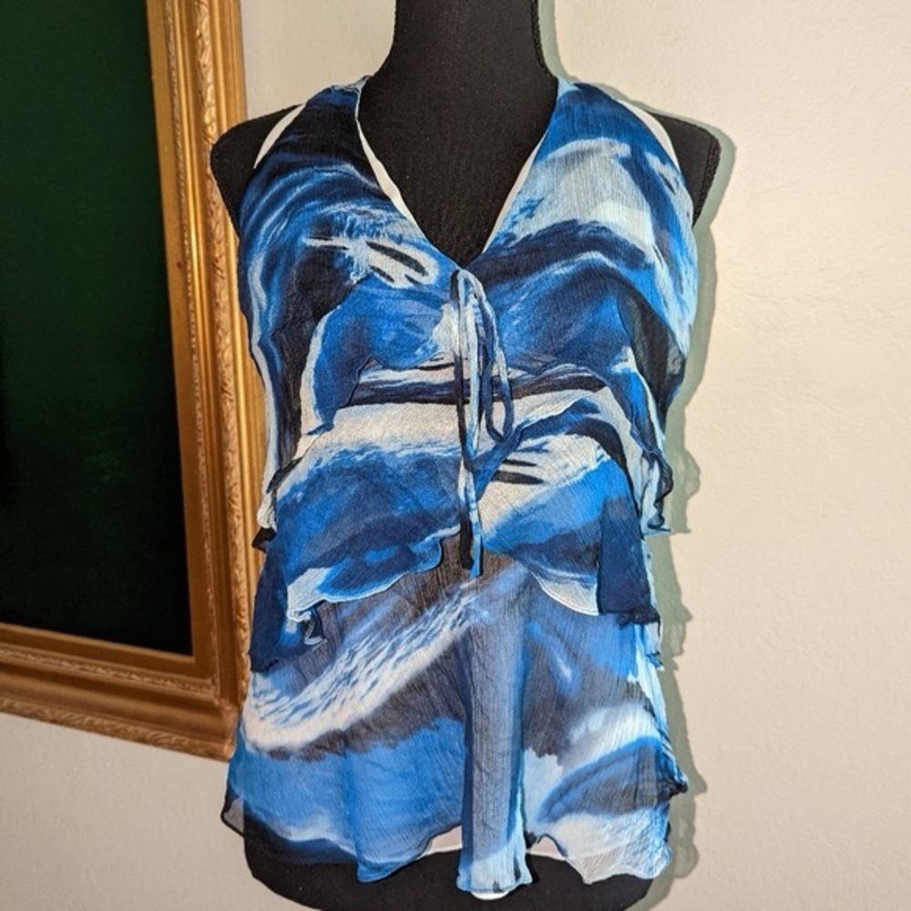 BCBGMaxAzria Blue and White Abstract Blouse